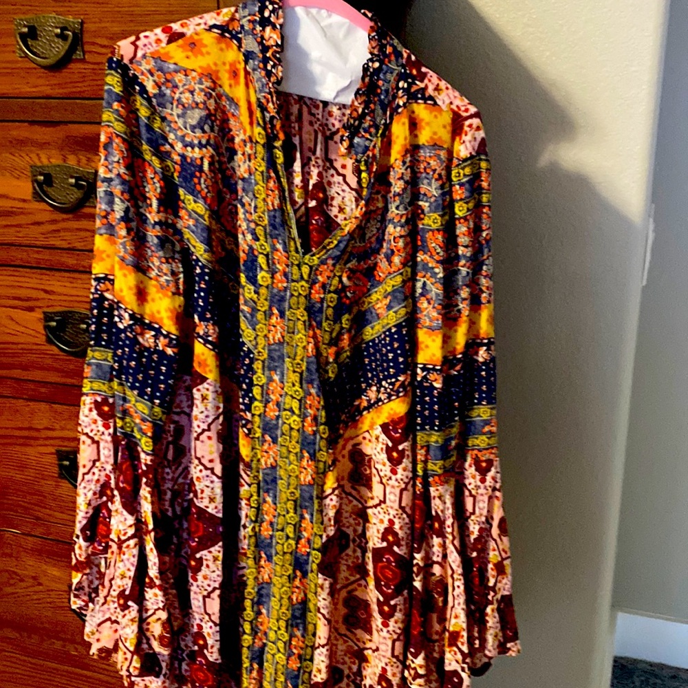 UMGEE Floral Print Lace Boho Tunic Mini Dress SZ large flare sleeve cotton/poly